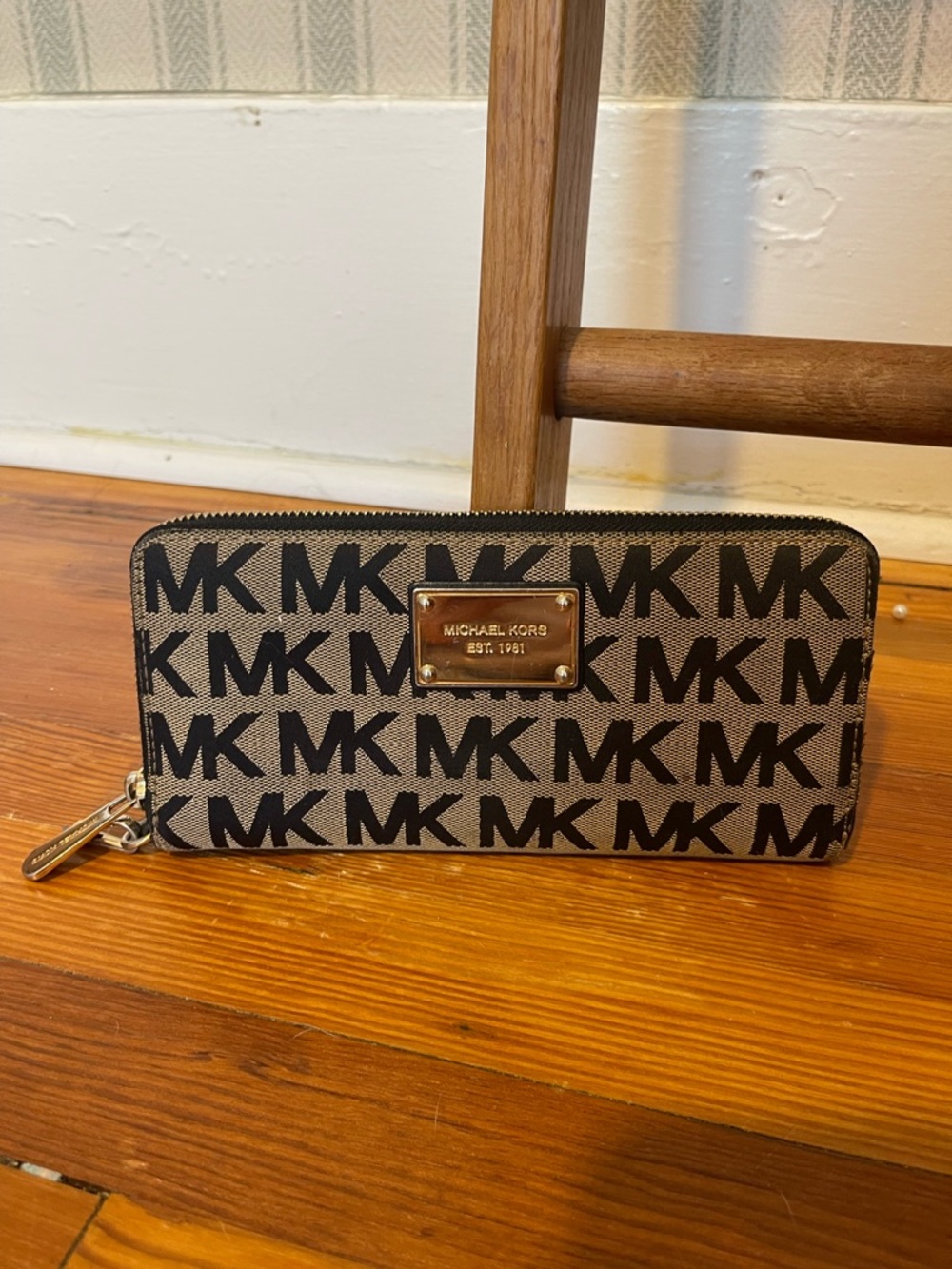 Michael Kors Black & Beige MK Logo Zip Wallet with Gold Plaque